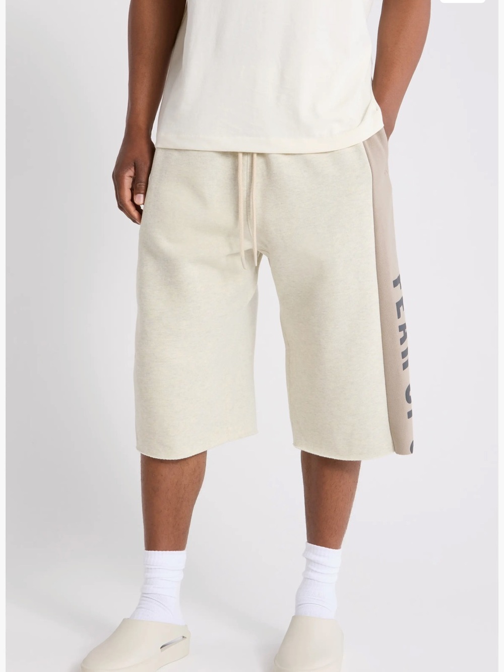 Fear of God Men's Cream Cropped Athletic Shorts with Gray Side Panels - Picture 5 of 9